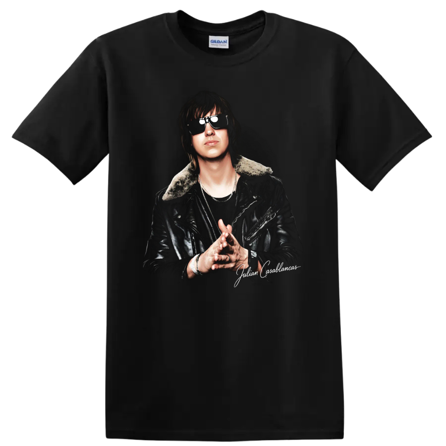 Julian Casablancas portrait with sunglasses and leather jacket on a Black T Shirt