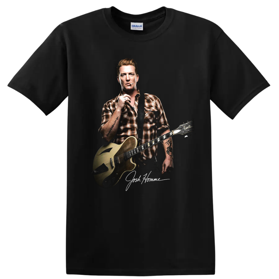 Josh Homme guitar portrait graphic with Queens of the Stone Age rock style on a Black T Shirt