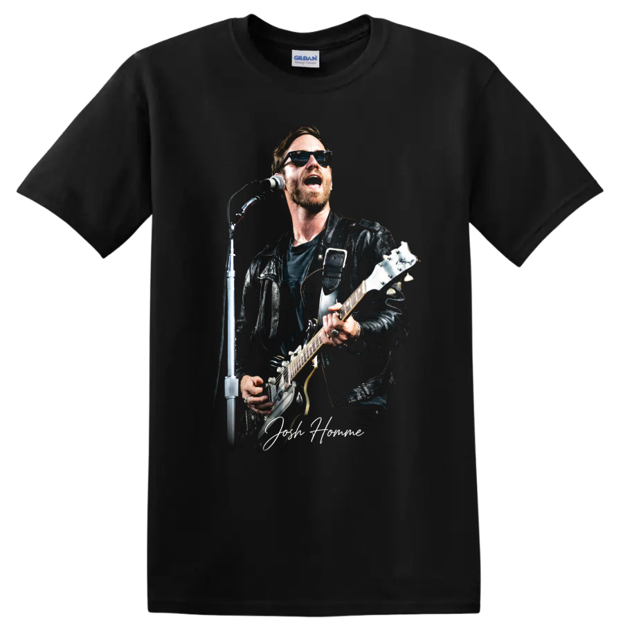 Josh Homme performing with guitar in a dark illustrated rock portrait on a Black T Shirt