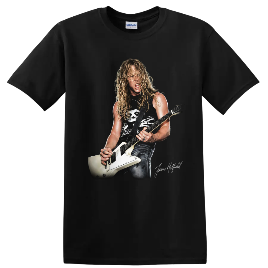 James Hetfield of Metallica playing a white Explorer guitar, heavy metal artwork on a Black T Shirt