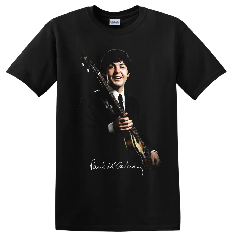 Paul McCartney holding a Höfner bass guitar in a classic rock portrait on a Black T Shirt