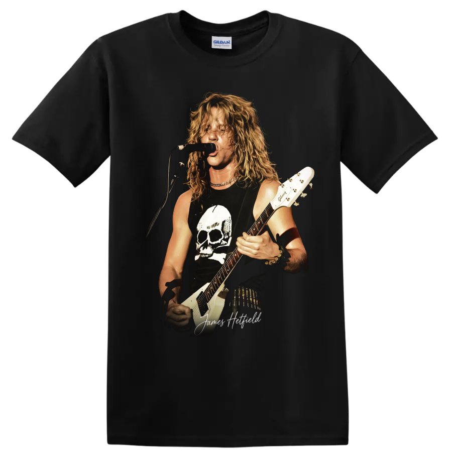 James Hetfield Metallica guitarist performing with a skull graphic on a Black T Shirt