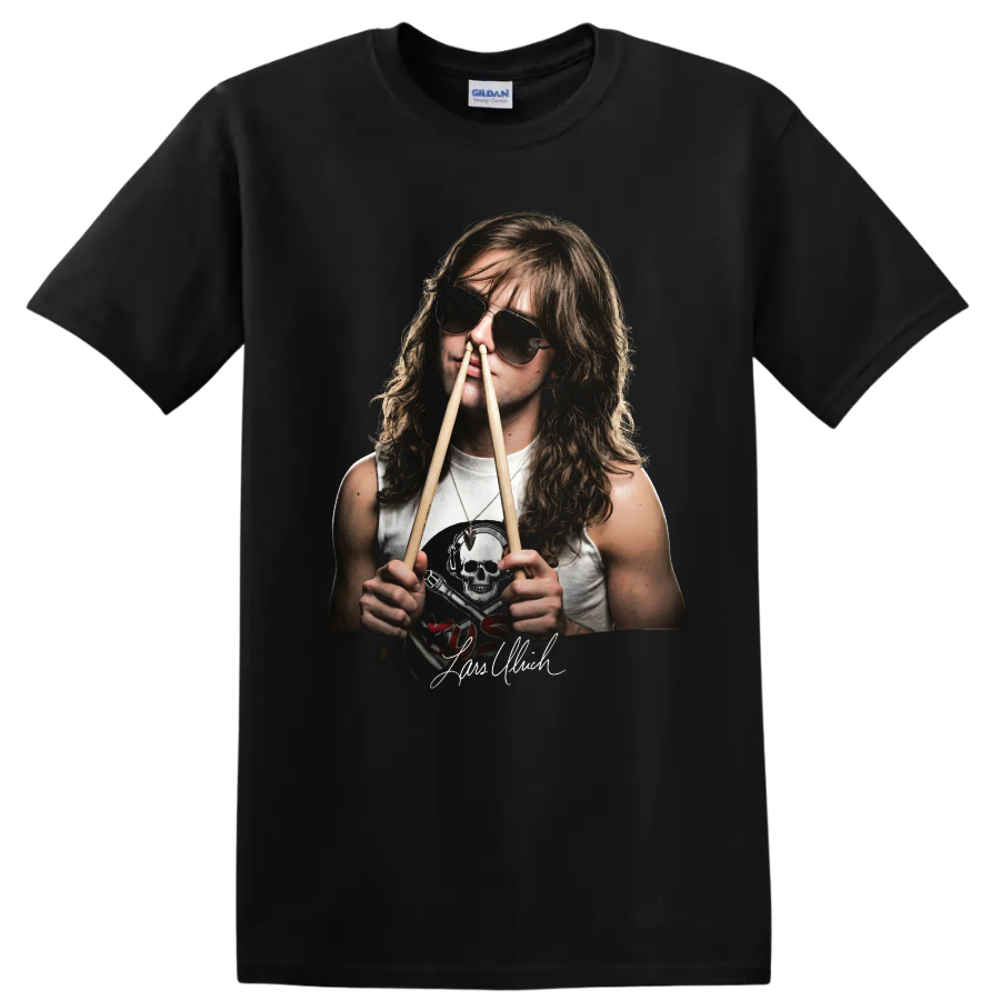 Lars Ulrich heavy metal drummer portrait with sunglasses and drumsticks on a Black T Shirt