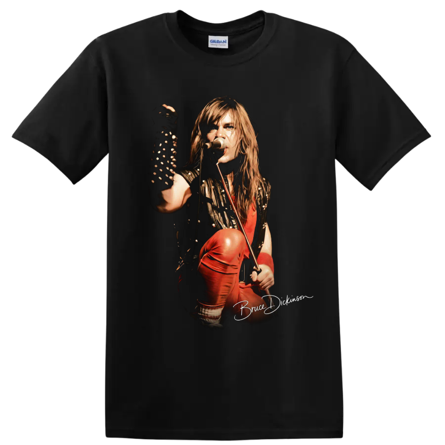 Bruce Dickinson Iron Maiden heavy metal stage performance graphic on a Black T Shirt
