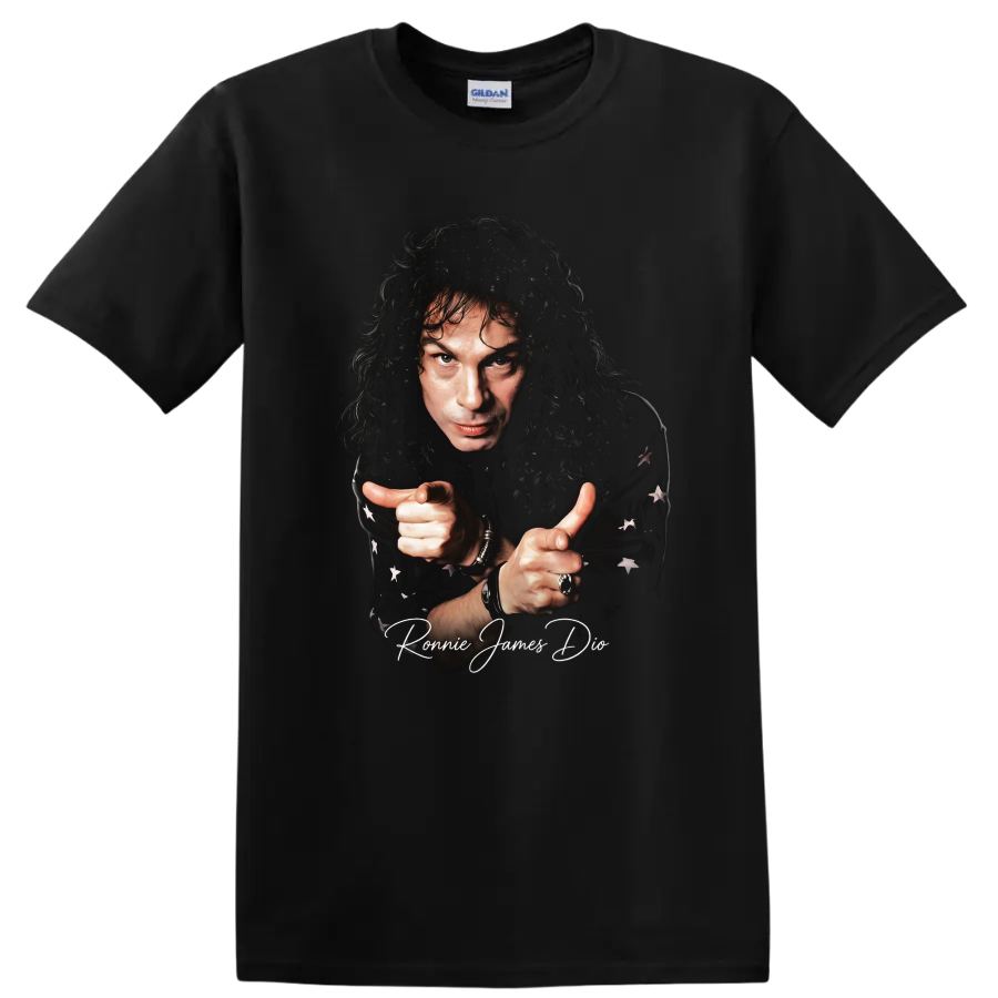 Ronnie James Dio portrait heavy metal graphic with signature on a Black T Shirt