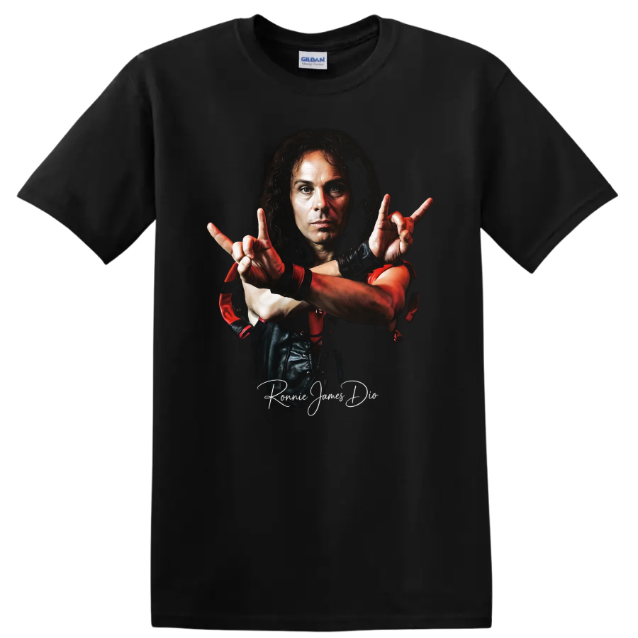 Ronnie James Dio heavy metal portrait with dramatic red accents on a Black T Shirt