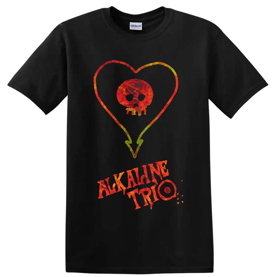 Alkaline Trio skull inside a colorful heart with distressed band lettering on a Black T Shirt