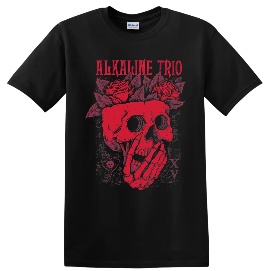 Alkaline Trio distressed red skull and roses punk rock graphic on a Black T Shirt