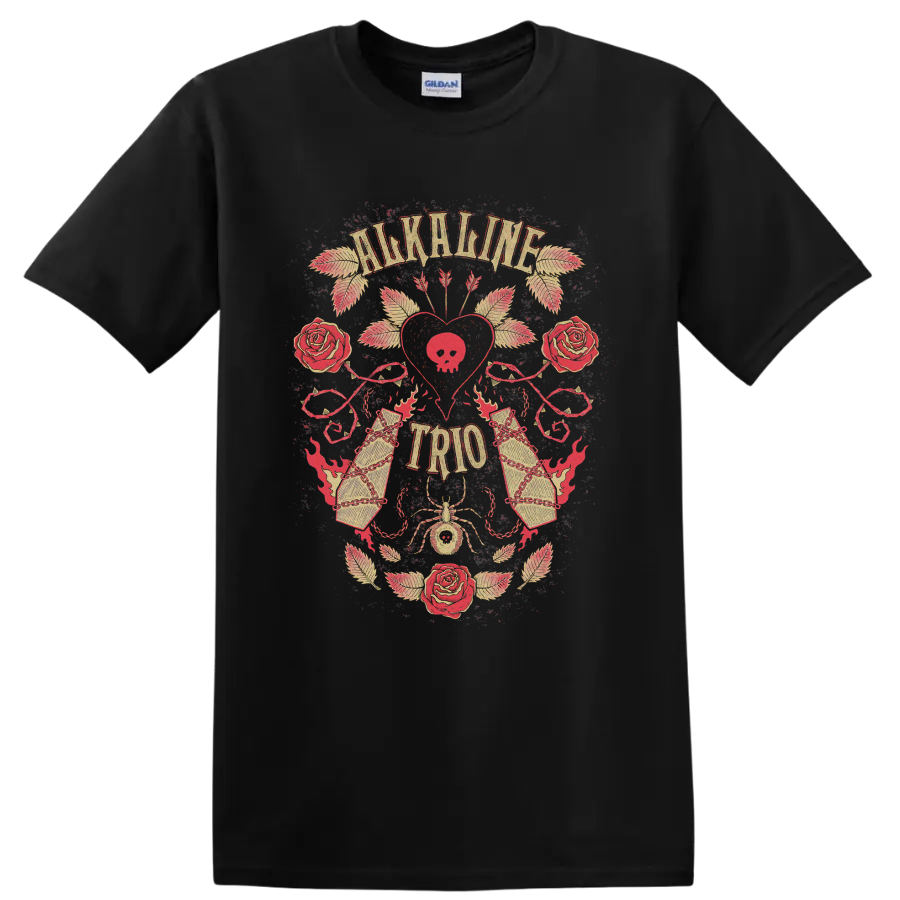 Alkaline Trio distressed punk rock rose heart graphic with ornate details on a Black T Shirt