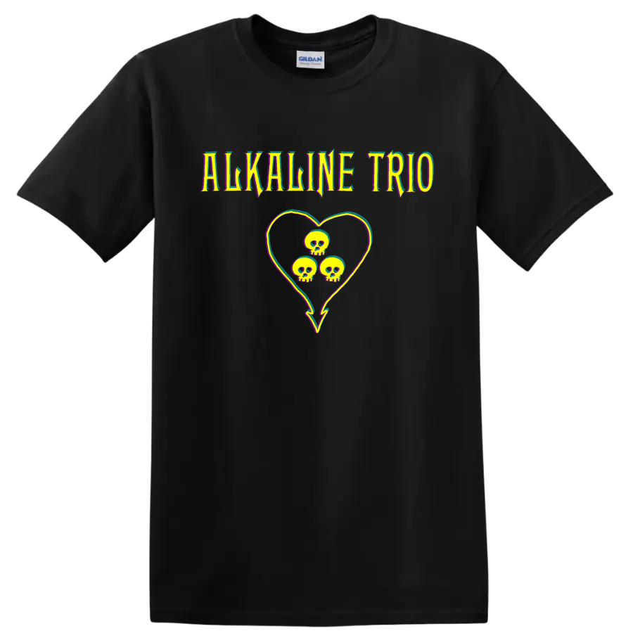 Alkaline Trio punk rock skull heart graphic with colorful glitch accents on a Black T Shirt