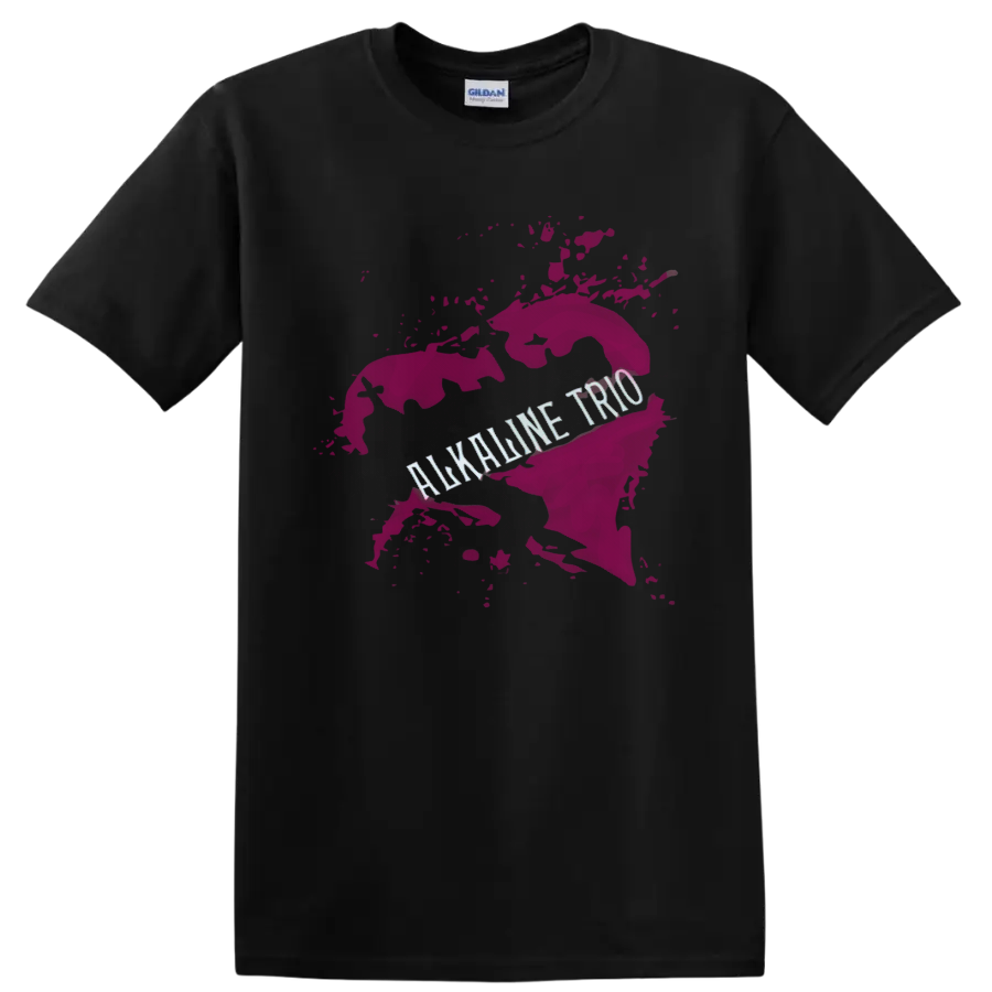 Alkaline Trio punk rock graphic with pink paint splash and distressed lettering on a Black T Shirt