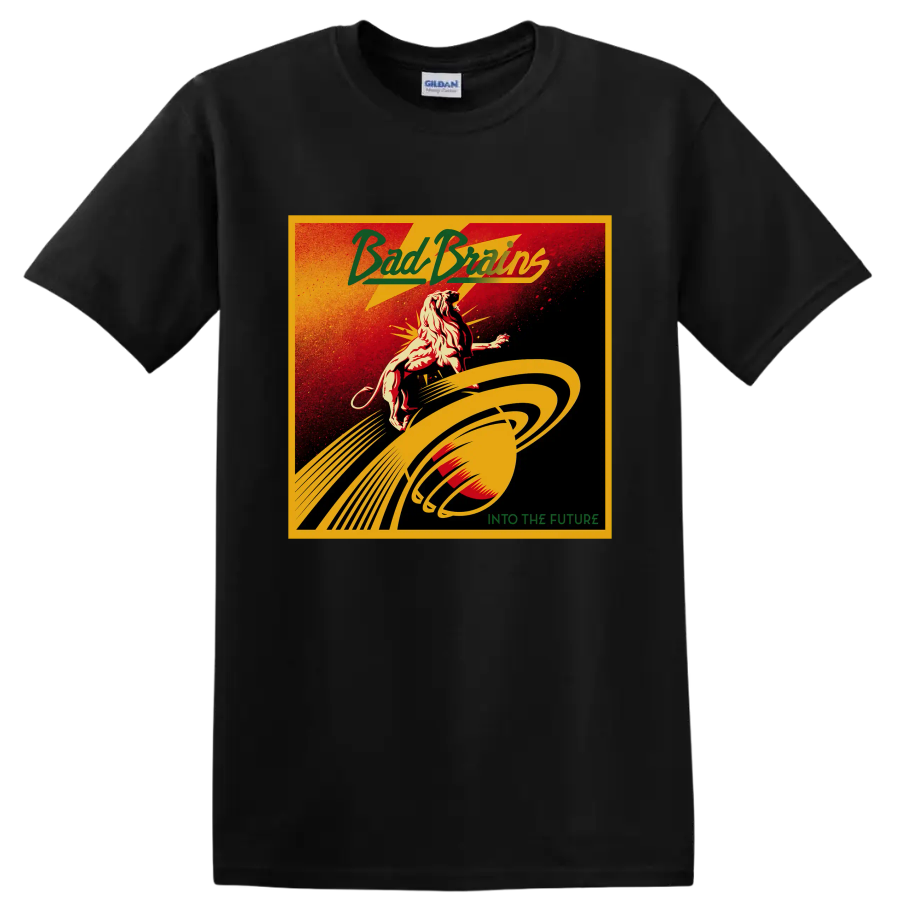 Bad Brains distressed punk rock lion and planetary rings Into the Future design on a Black T Shirt