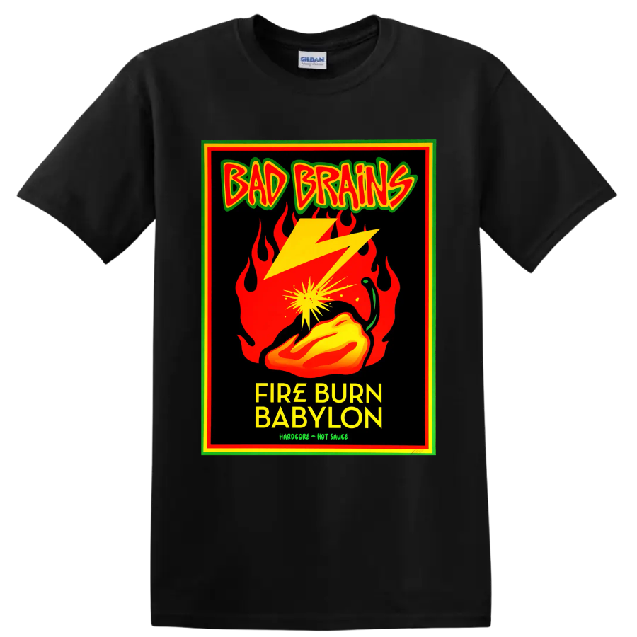 Bad Brains Fire Burn Babylon punk graphic with flames, lightning, and hot pepper on a Black T Shirt