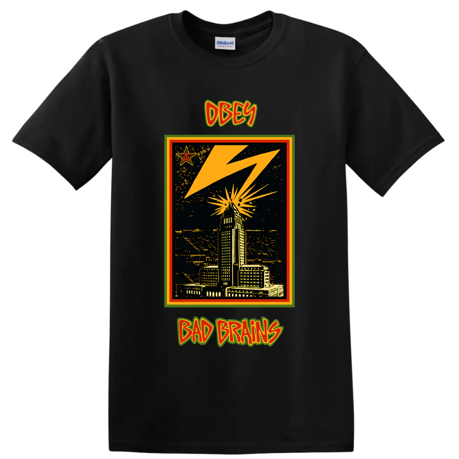 Bad Brains OBEY lightning city skyline punk rock graphic on a Black T Shirt