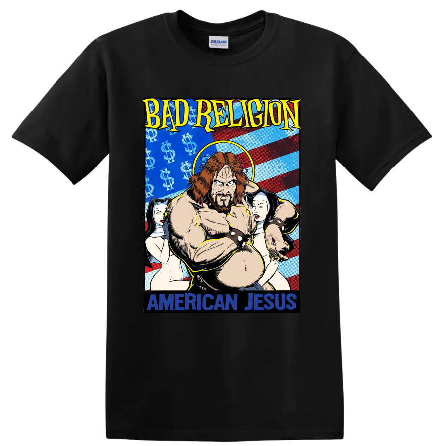 Bad Religion American Jesus comic-style punk rock graphic print on a Black T Shirt