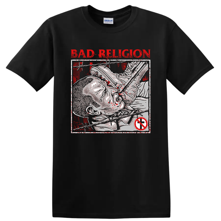 Bad Religion distressed punk rock lettering and skeletal graphic on a Black T Shirt