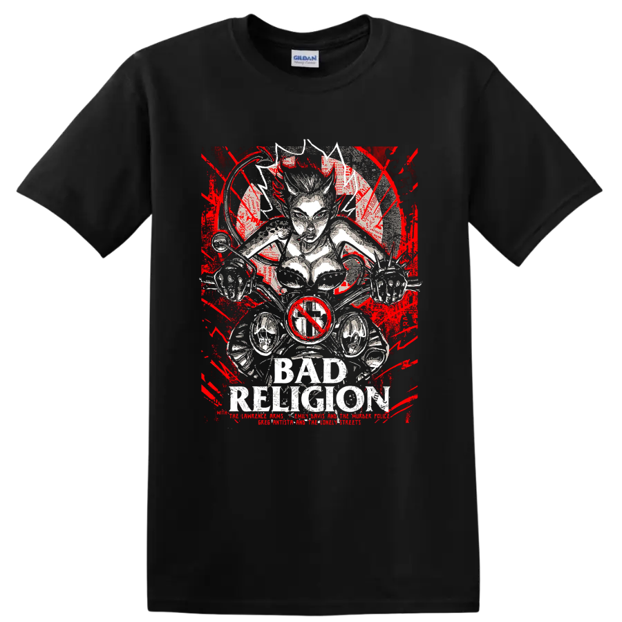 Bad Religion distressed punk rock skeletal graphic with red accents on a Black T Shirt
