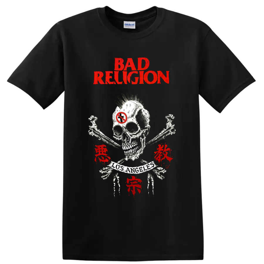 Bad Religion distressed red skull and crossbones punk graphic on a Black T Shirt