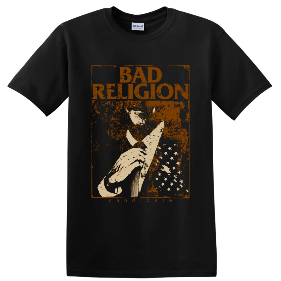 Bad Religion distressed punk rock graphic with bold lettering and central illustration on a Black T Shirt