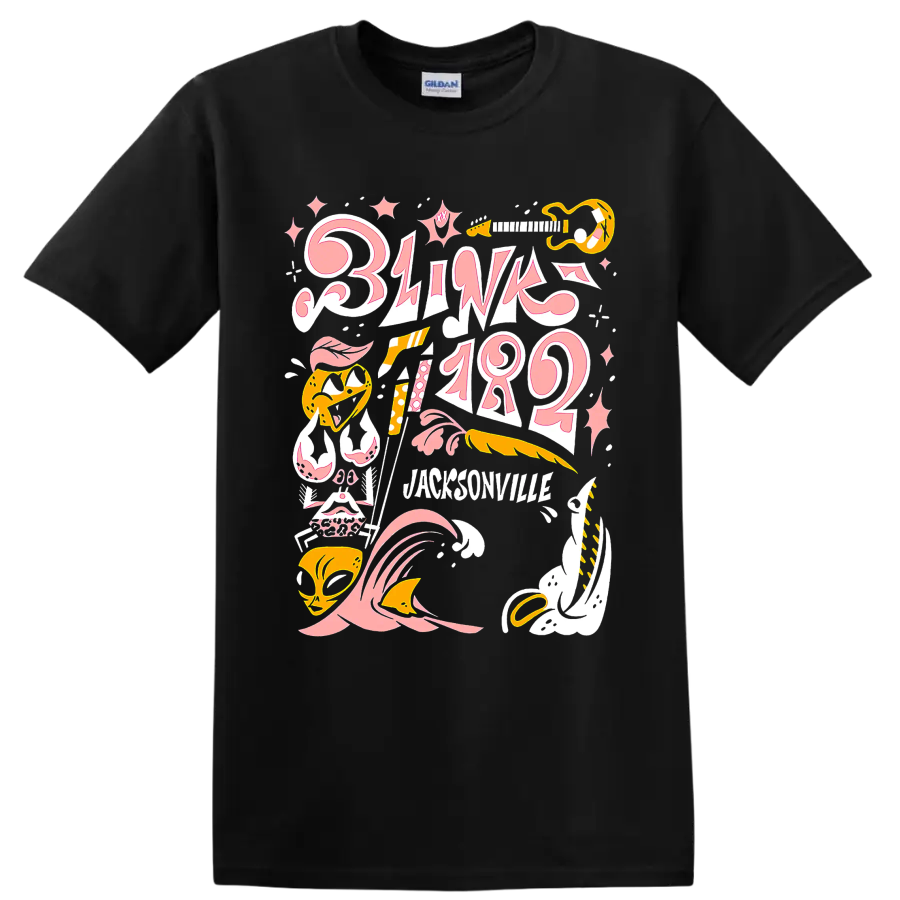 Blink-182 punk rock graphic print with pink lettering and yellow music accents on a Black T Shirt