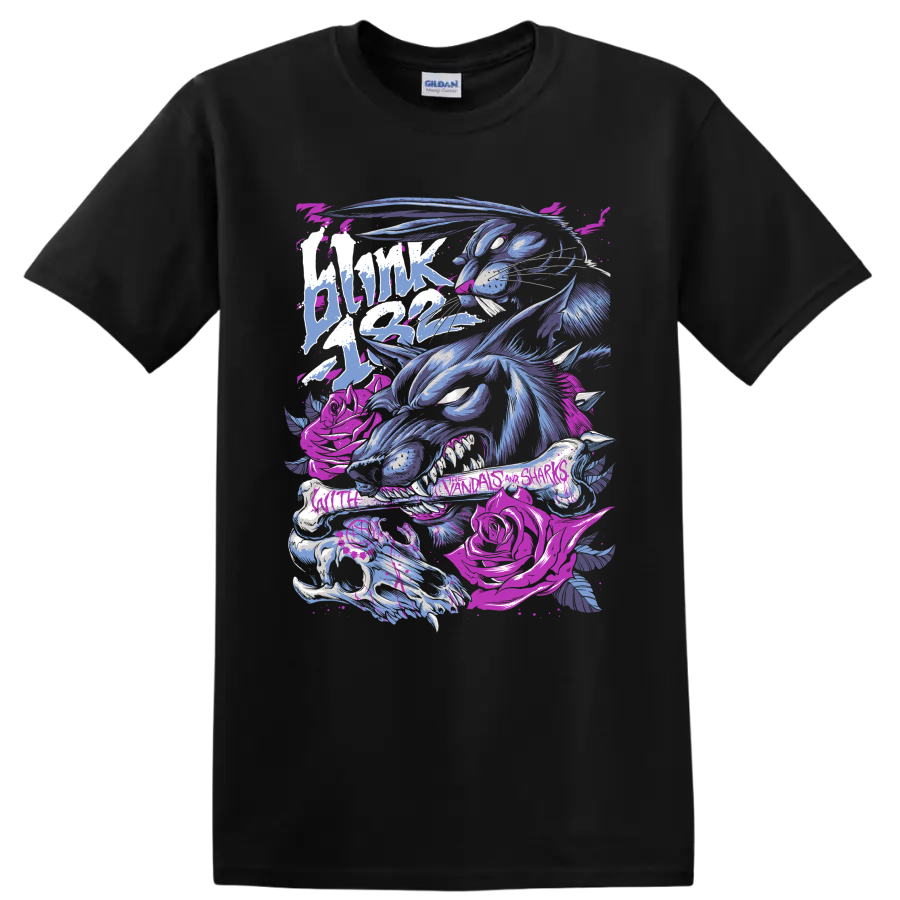 Blink-182 punk rock graphic with a blue skeletal creature and magenta details on a Black T Shirt
