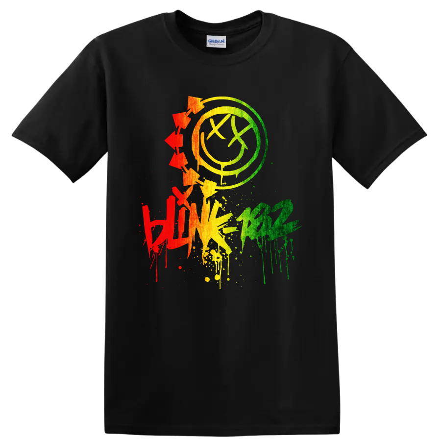 Blink-182 colorful distressed smiley punk rock graphic on a Black T Shirt