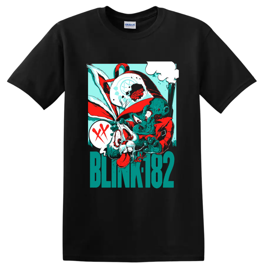 Blink-182 punk rock distressed cartoon horror graphic on a Black T Shirt
