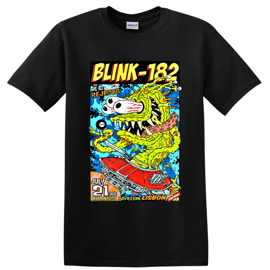 Blink-182 colorful punk rock concert poster with cartoon creature and red car on a Black T Shirt
