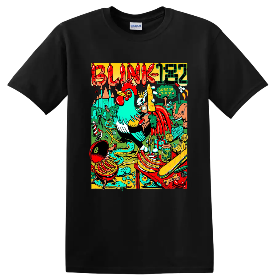 Blink-182 colorful surreal punk rock graphic with bold band lettering on a Black T Shirt
