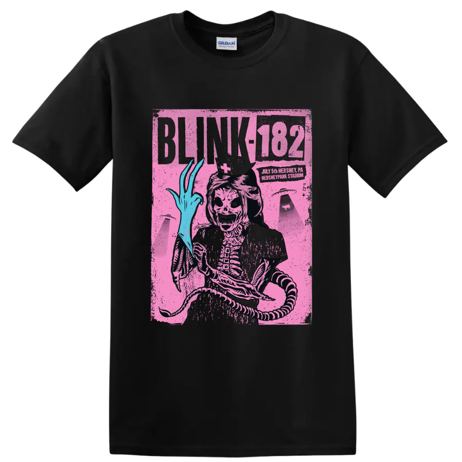 Blink-182 skeleton punk rock graphic with distressed poster-style artwork on a Black T Shirt