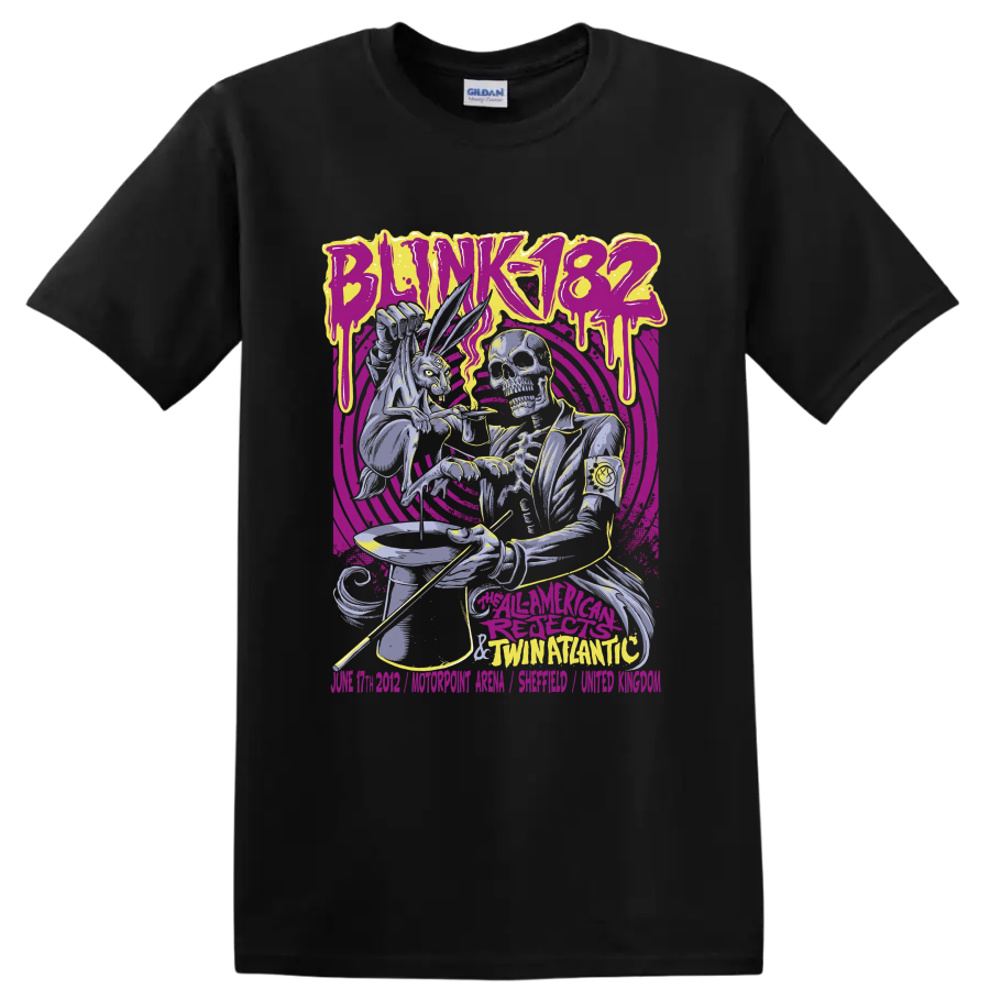 Blink-182 punk rock skeleton graphic with purple and yellow artwork on a Black T Shirt