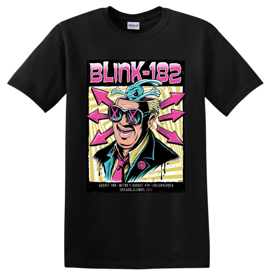 Blink-182 punk rock festival graphic with sunglasses, blue creature, and pink arrows on a Black T Shirt
