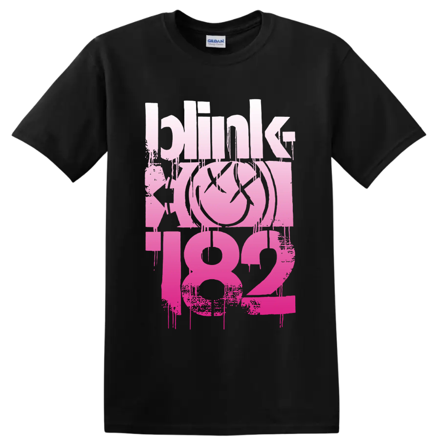 Blink-182 pink distressed punk rock lettering with smiley-style graphic on a Black T Shirt