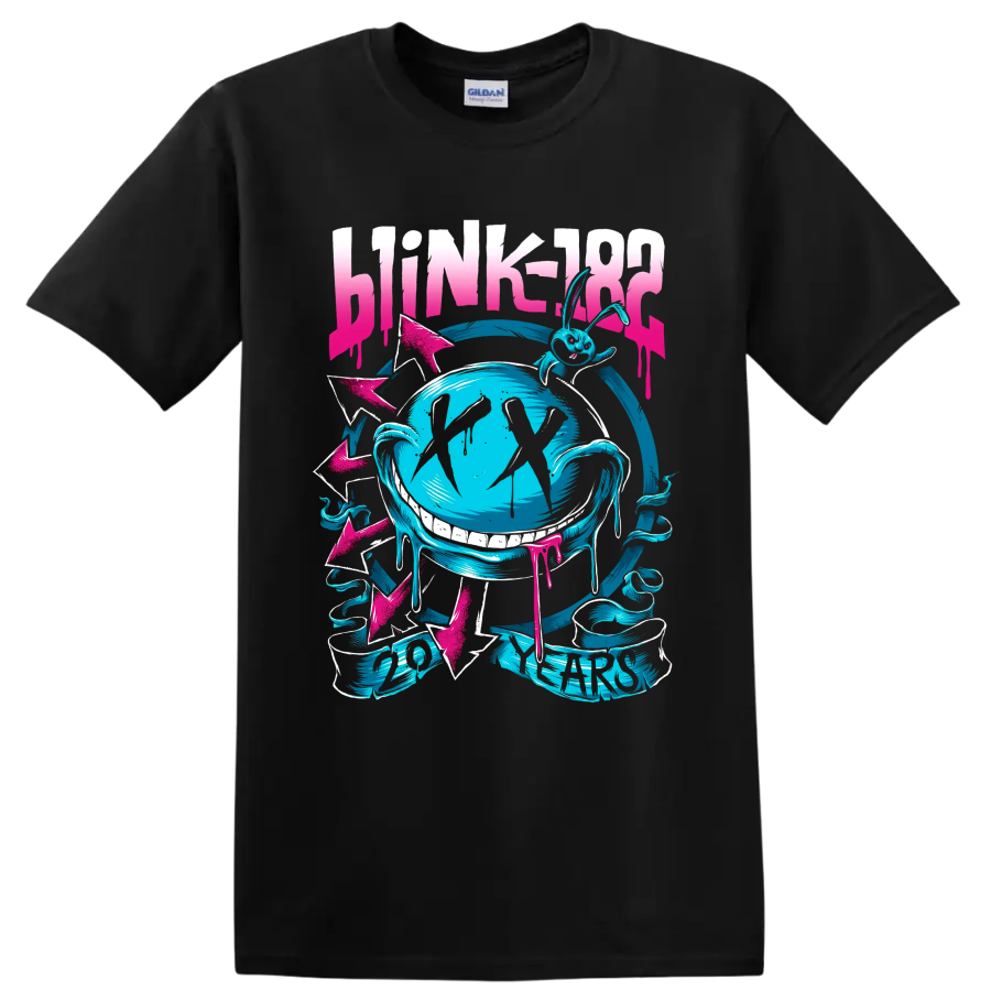 Blink-182 punk rock globe graphic with arrows and distressed lettering on a Black T Shirt