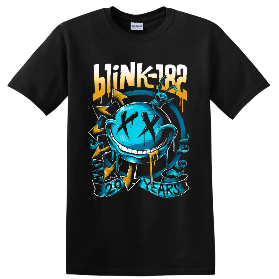 Blink-182 punk rock graphic with distressed lettering, blue globe, and lightning bolts on a Black T Shirt