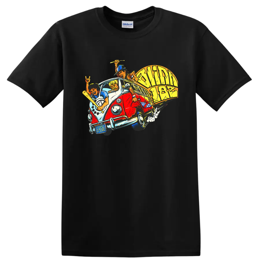 Blink-182 punk rock van graphic print with musicians and instruments on a Black T Shirt