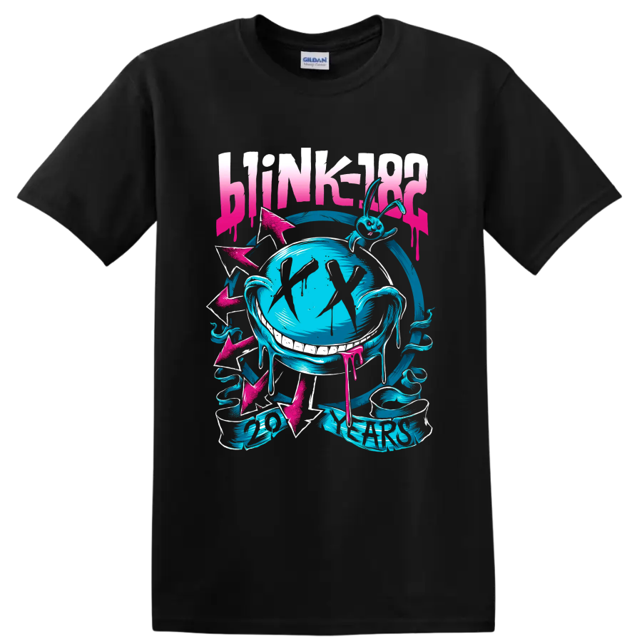 Blink-182 punk rock graphic with aqua cartoon rabbit, arrows, and bold lettering on a Black T Shirt