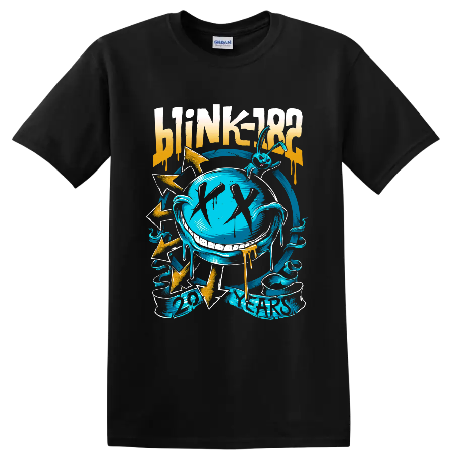 Blink-182 punk rock graphic with turquoise-blue cartoon bunny and gold accents on a Black T Shirt