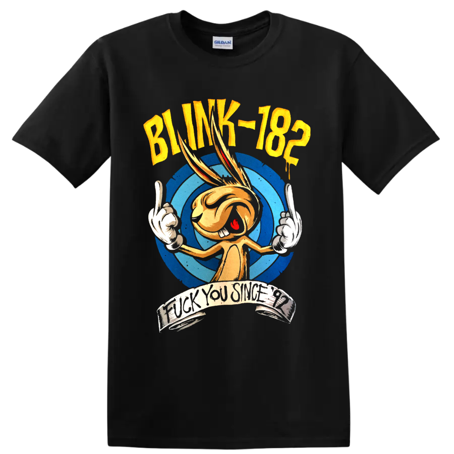 Blink-182 punk rock cartoon graphic with distressed lettering on a Black T Shirt