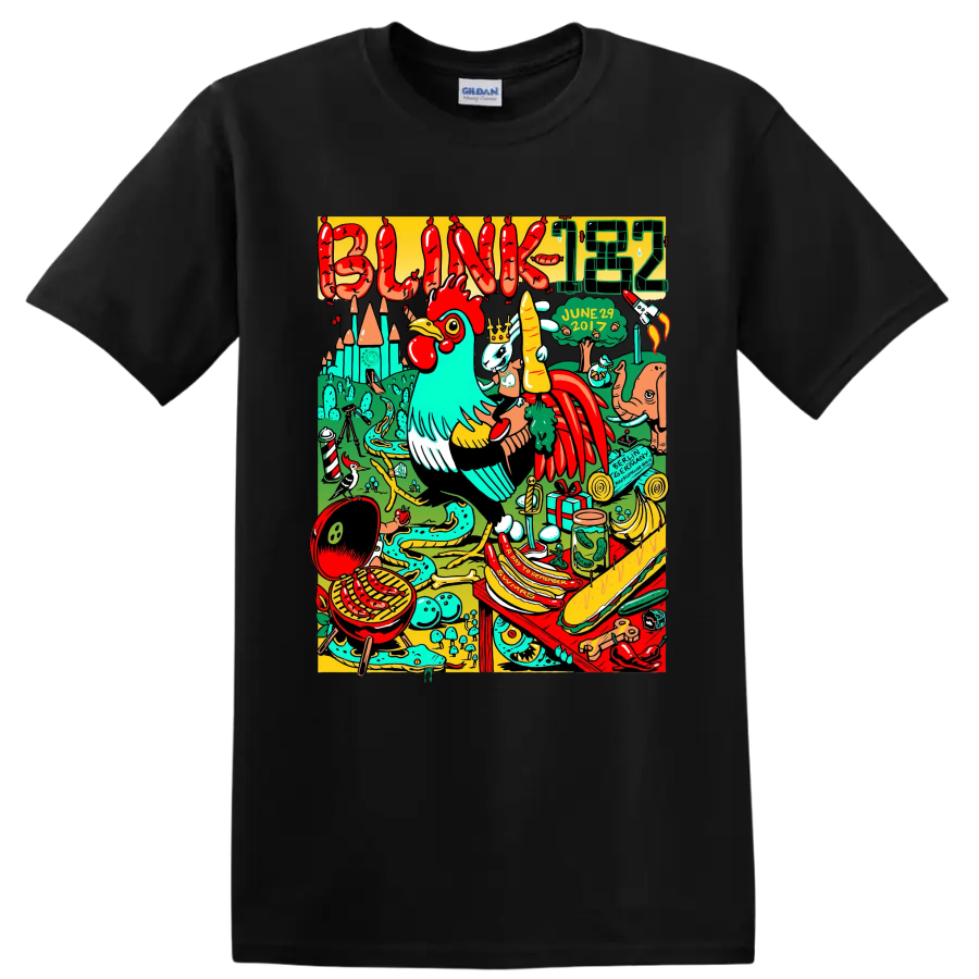 Blink-182 colorful punk rock collage graphic with playful characters on a Black T Shirt