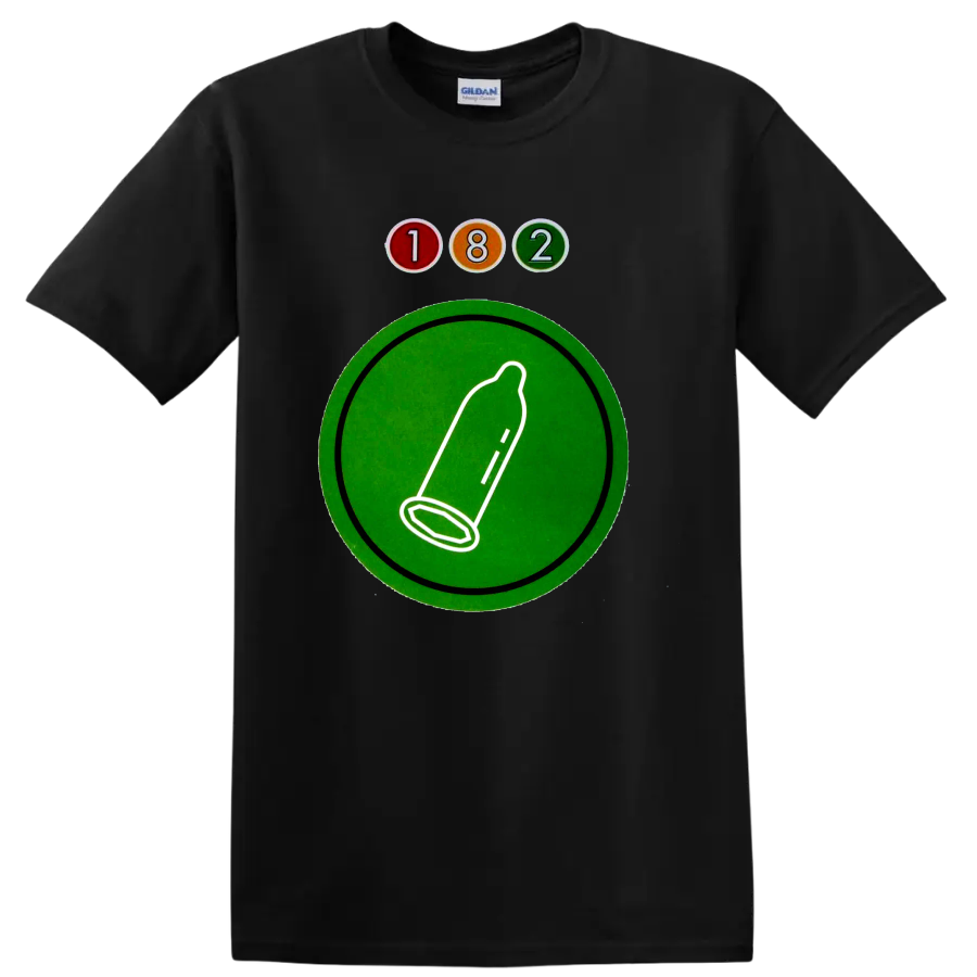 Blink-182 182 logo with colorful circles and green graphic emblem on a Black T Shirt
