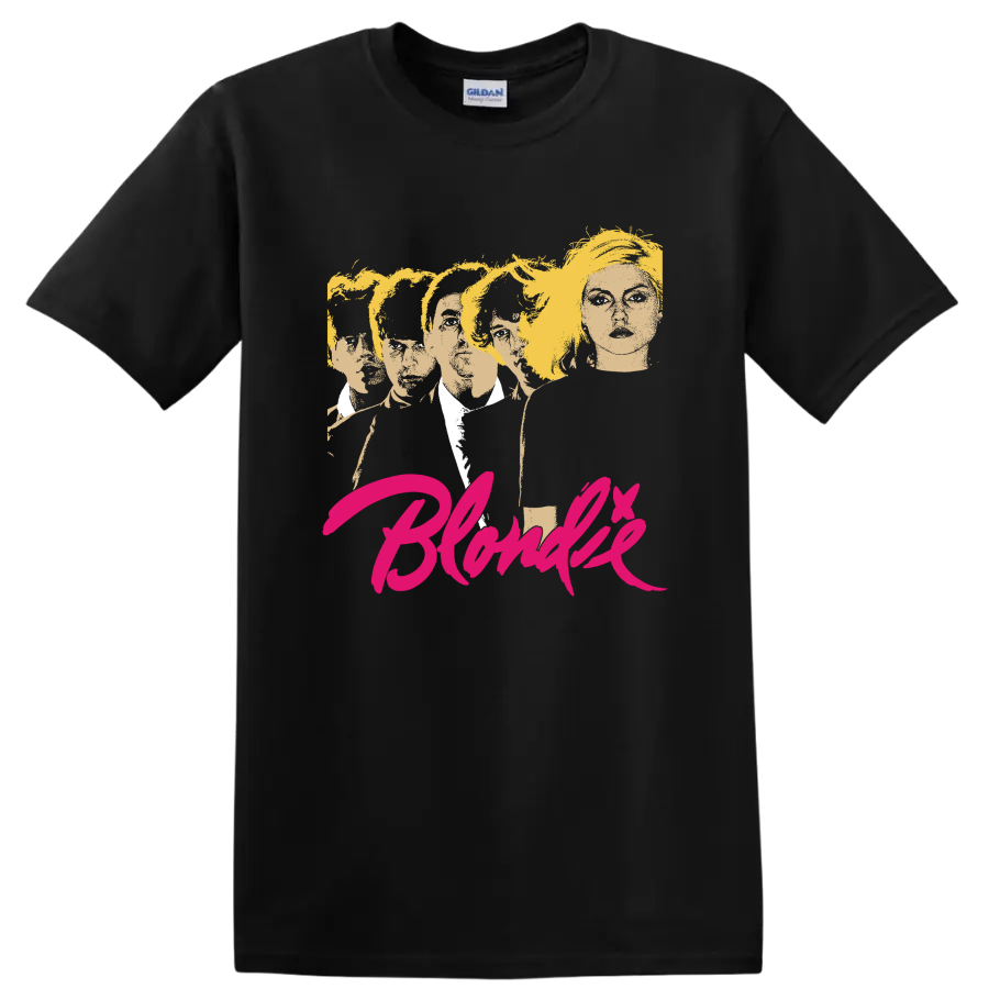 Blondie punk rock band portrait with vivid pink script lettering on a Black T Shirt