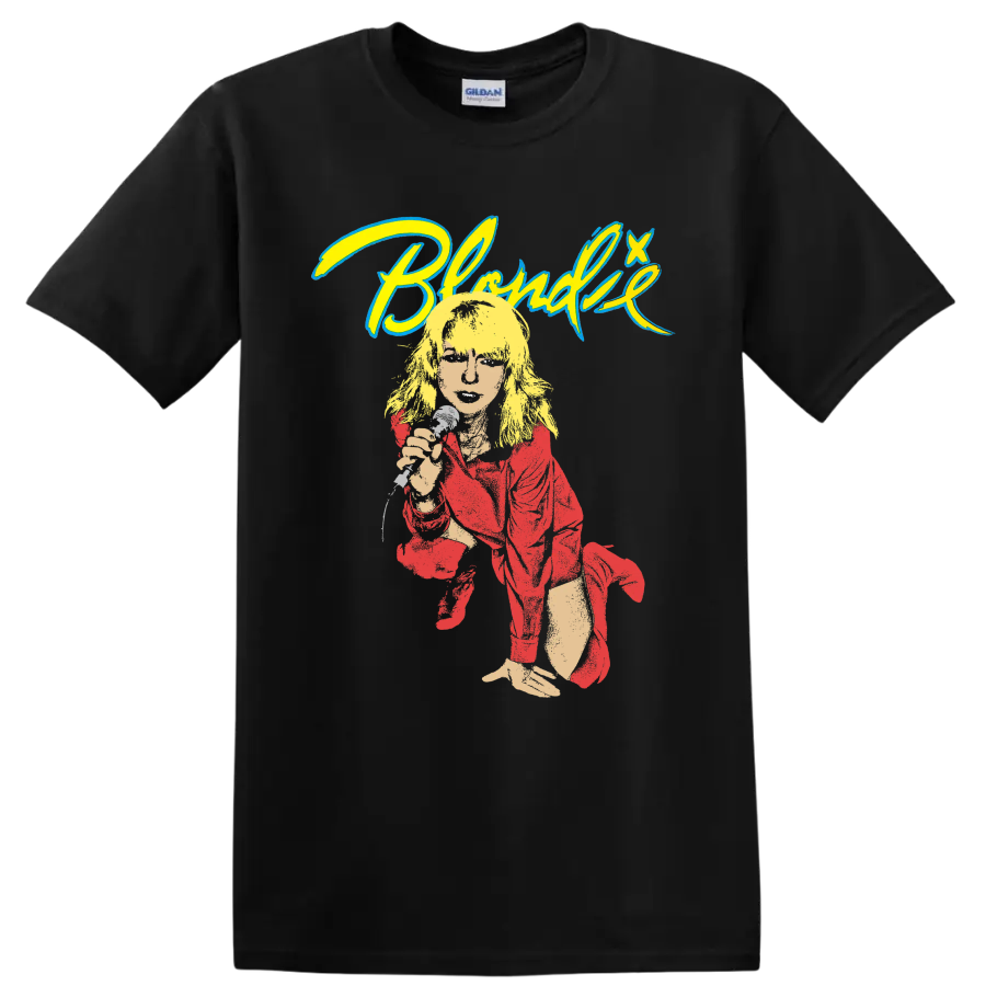 Blondie punk rock graphic with performer, microphone, and bold logo lettering on a Black T Shirt