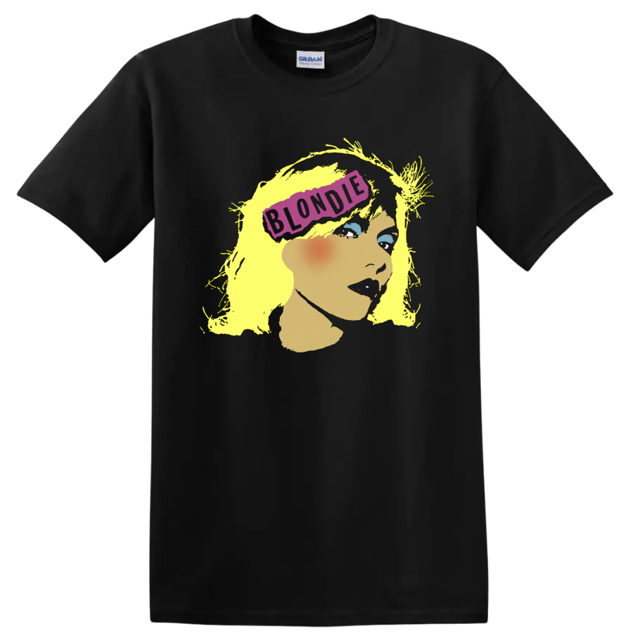Blondie punk rock portrait with yellow hair and purple banner on a Black T Shirt