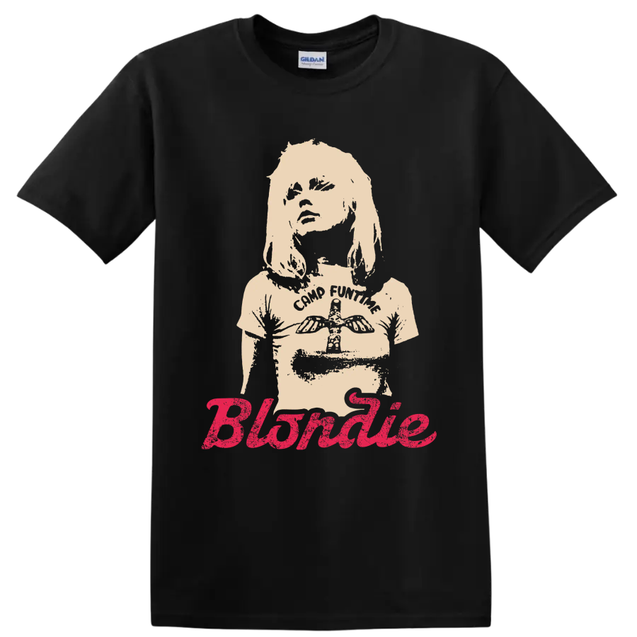 Blondie punk rock portrait with bold pink script lettering on a Black T Shirt