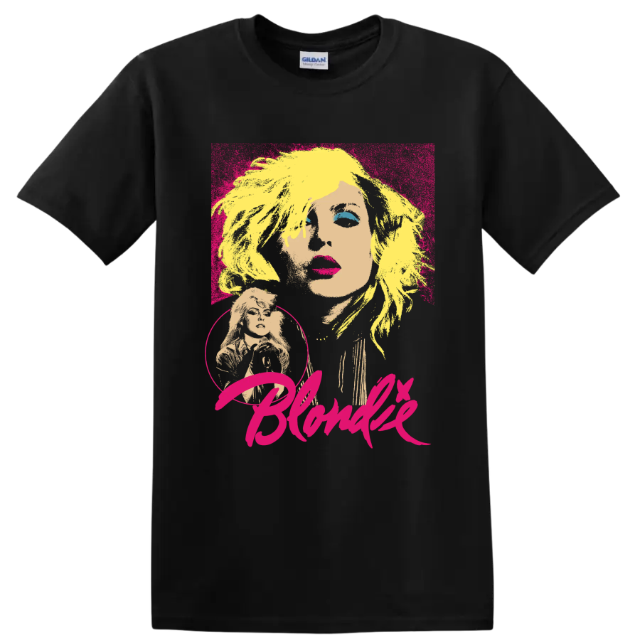Blondie Debbie Harry pop art portrait with bold pink lettering on a Black T Shirt