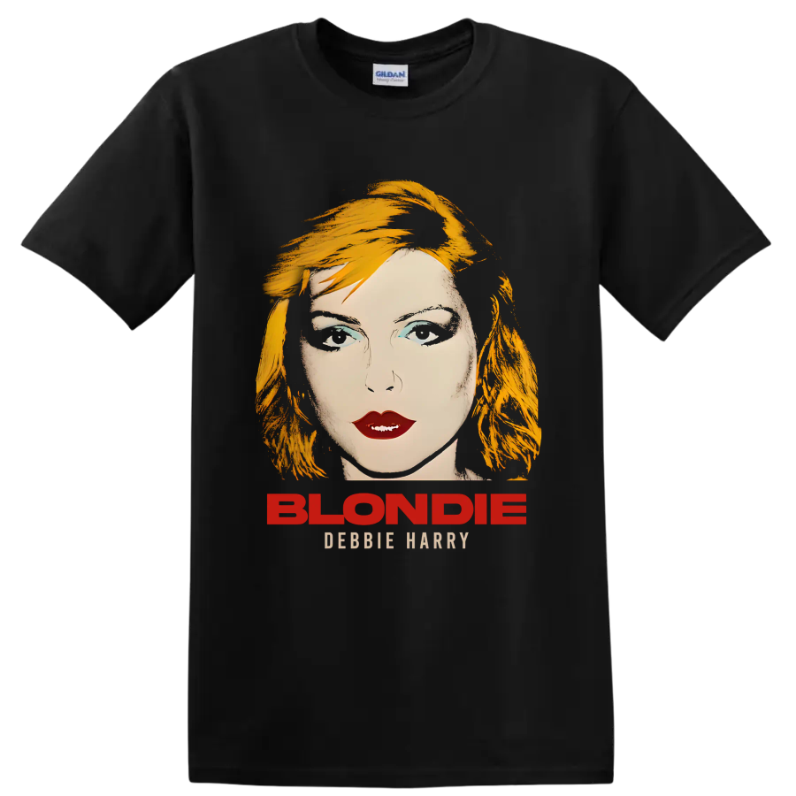 Blondie Debbie Harry portrait graphic with bold punk rock lettering on a Black T Shirt