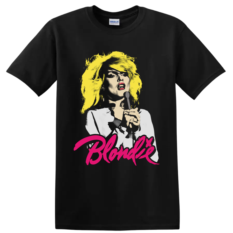 Blondie punk rock singer portrait graphic with microphone and pink lettering on a Black T Shirt