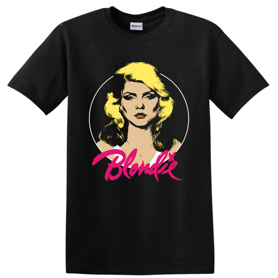 Blondie punk rock portrait graphic with pink script lettering on a Black T Shirt