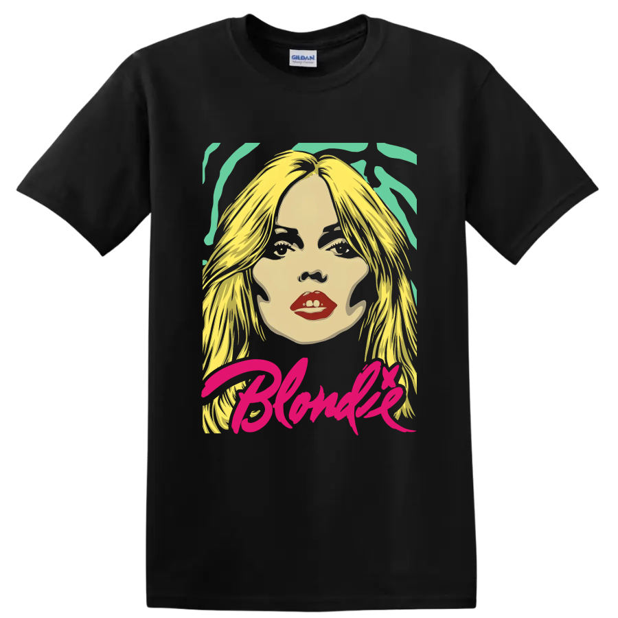 Blondie Debbie Harry pop-art portrait with pink script lettering on a Black T Shirt